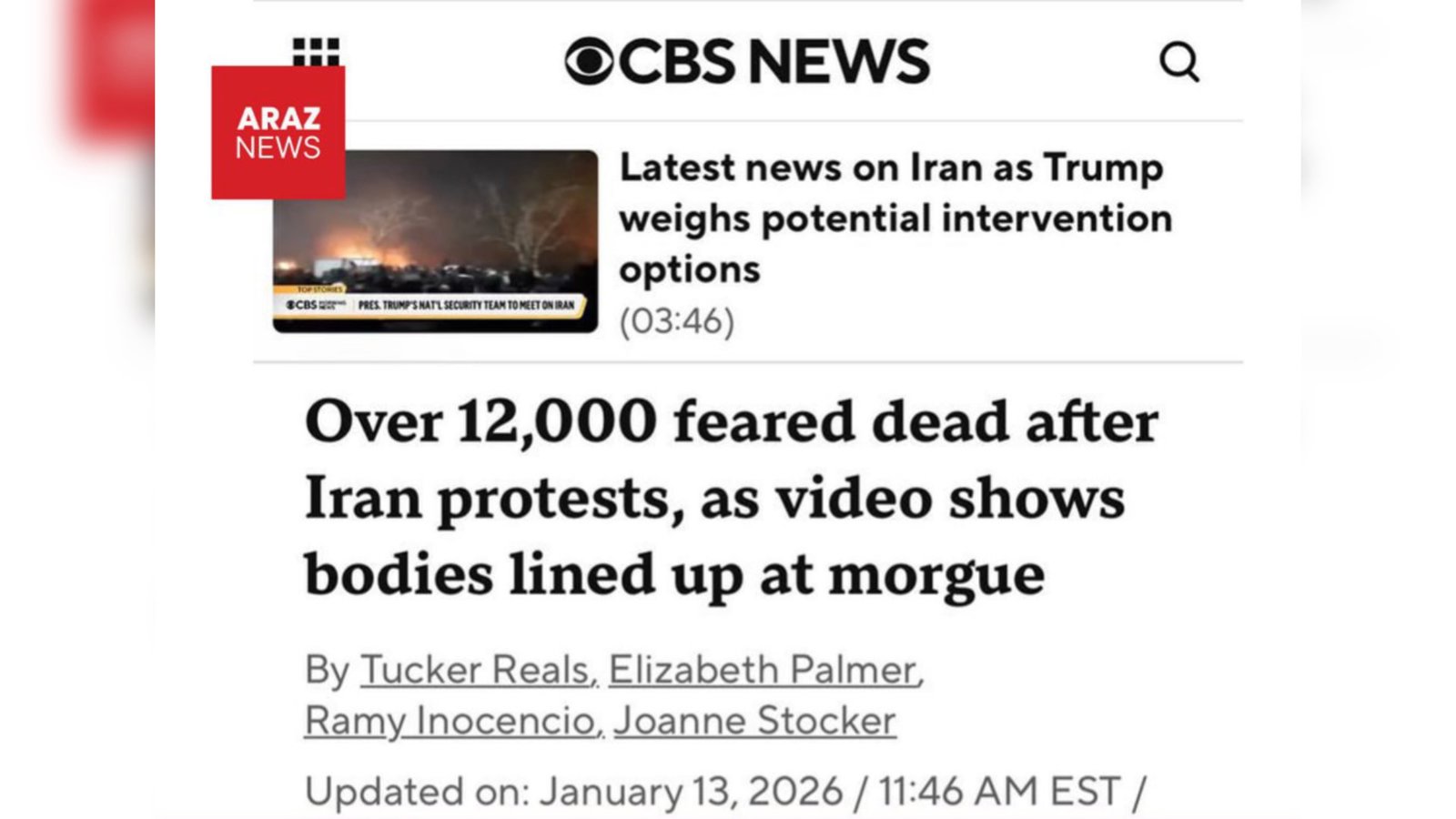 سی بی اس نیوز:آمار کشته شدگان اعتراضات ایران ممکن است به ۲۰ هزار نفر برسد