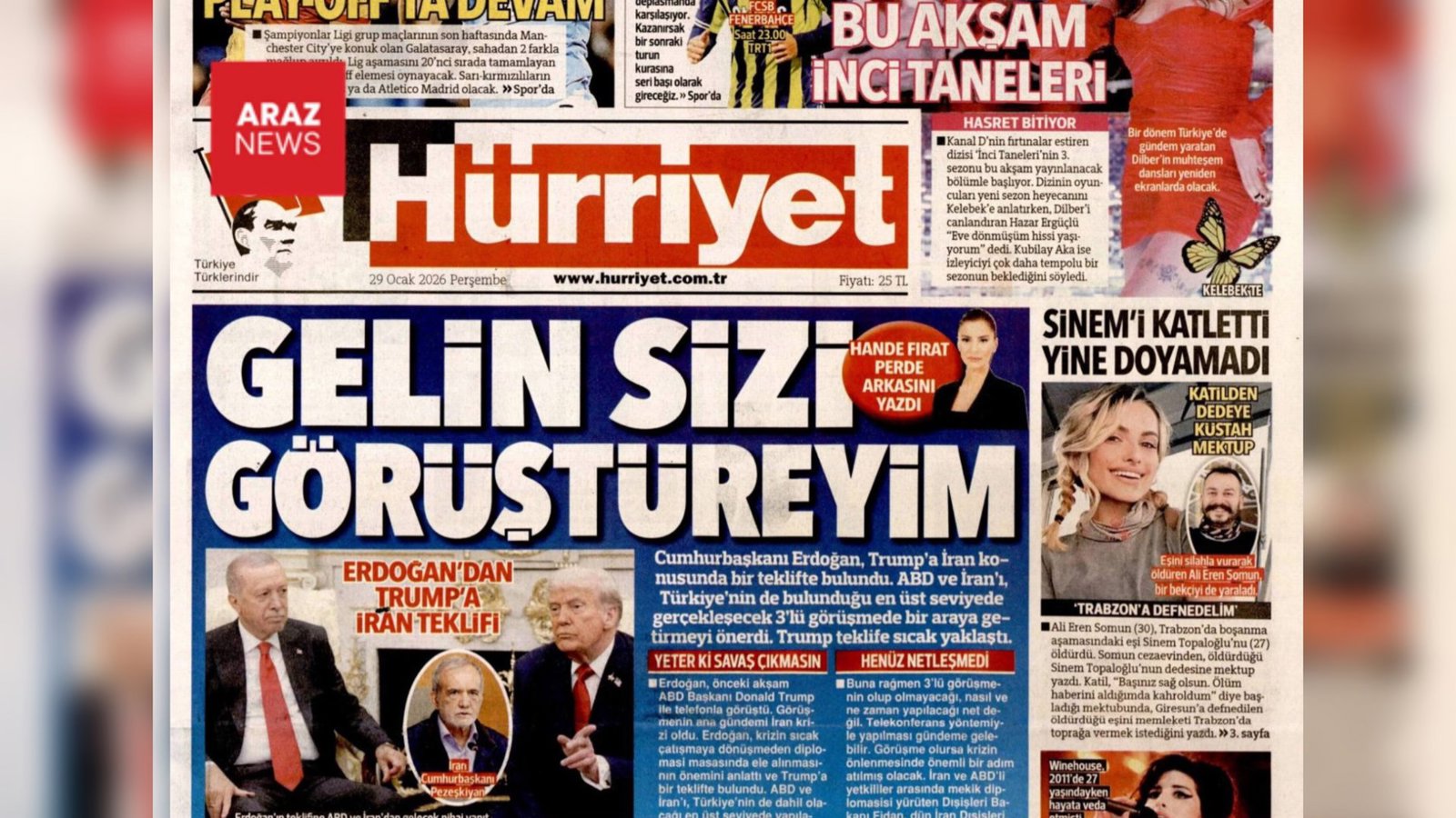 Türkiyənin "Hürriyyət" qəzetinin manşeti: "Gəlin sizi bir araya gətirim."  Ankaranın İran və ABŞ arasında üçtərəfli dialoqa ev sahibliyi ehtimalı