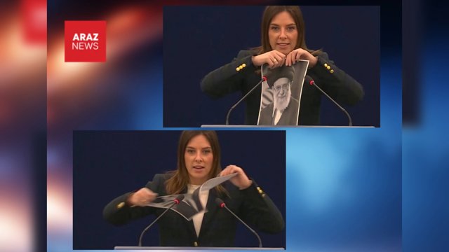 همزمان با بررسى قطعنامه عليه سركوب در ايران؛ نماينده ايتاليا در پارلمان اروپا تصوير خامنه اى را پاره كرد