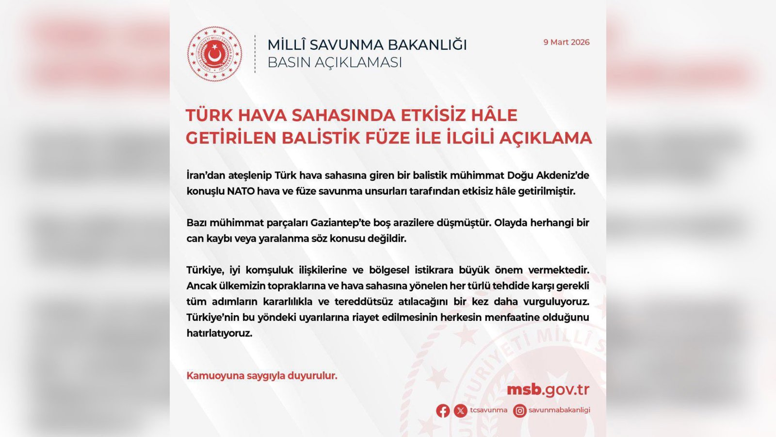 Türkiyə İran tərəfindən atılan ballistik raketin hava məkanında məhv edildiyini açıqladı