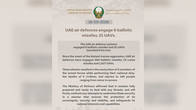  وزارت دفاع امارات: پدافند هوایی امارات ۶ موشک بالستیک و ۲۱ پهپاد جمهوری اسلامی را رهگیری کرد 