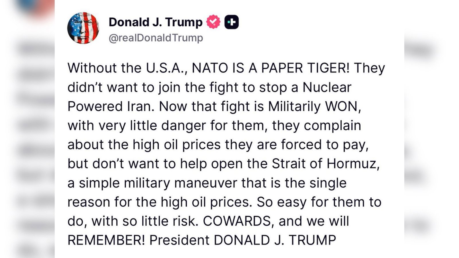  ترامپ ناتو را «ببر کاغذی» خواند و از خودداری اروپا برای باز کردن تنگه هرمز انتقاد کرد      