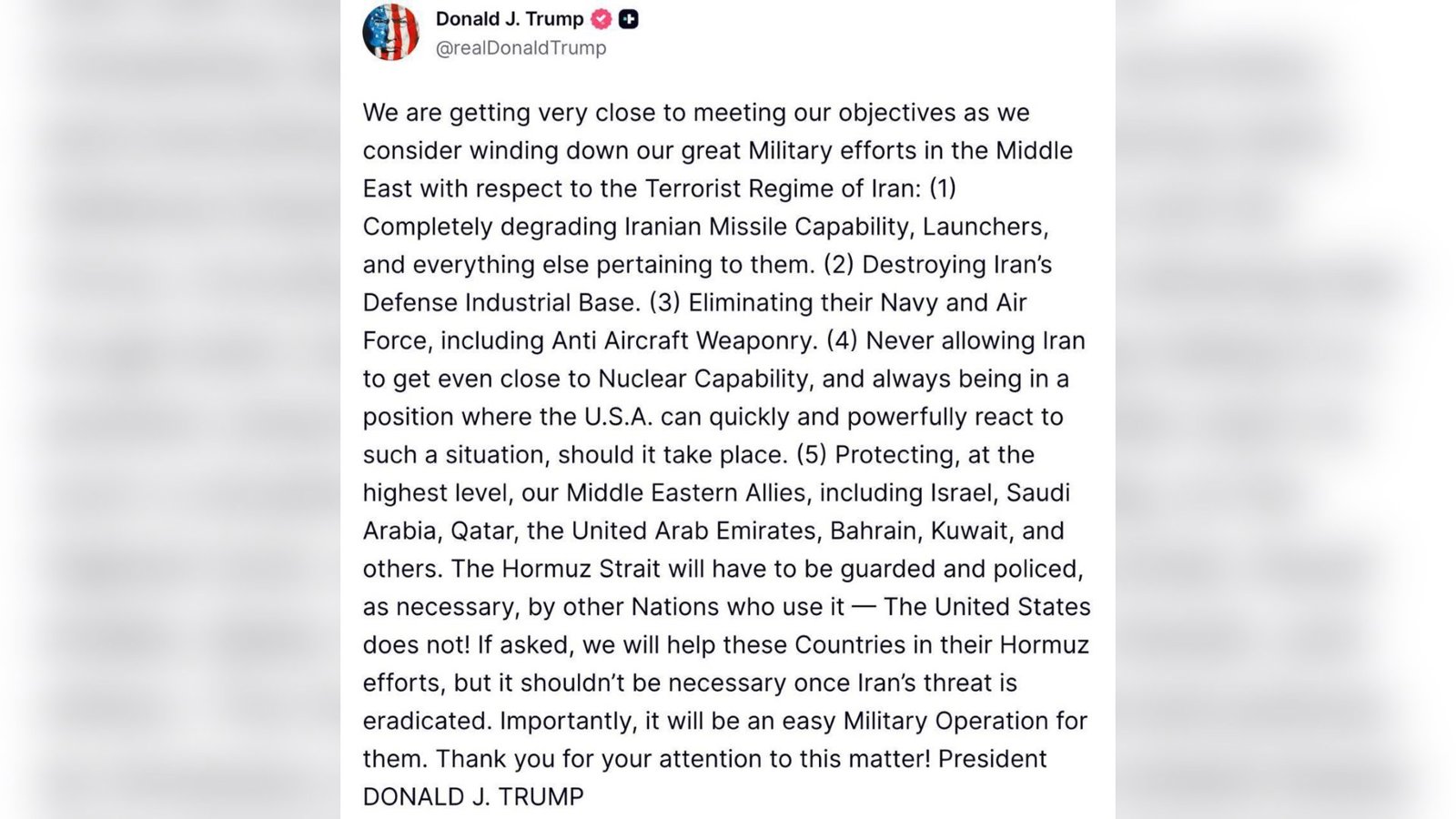  دونالد ترامپ: آمریکا به پایان عملیات علیه جمهوری اسلامی نزدیک می‌شود؛ امنیت تنگه هرمز بر عهده دیگر کشورهاست           