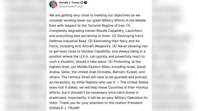  دونالد ترامپ: آمریکا به پایان عملیات علیه جمهوری اسلامی نزدیک می‌شود؛ امنیت تنگه هرمز بر عهده دیگر کشورهاست           