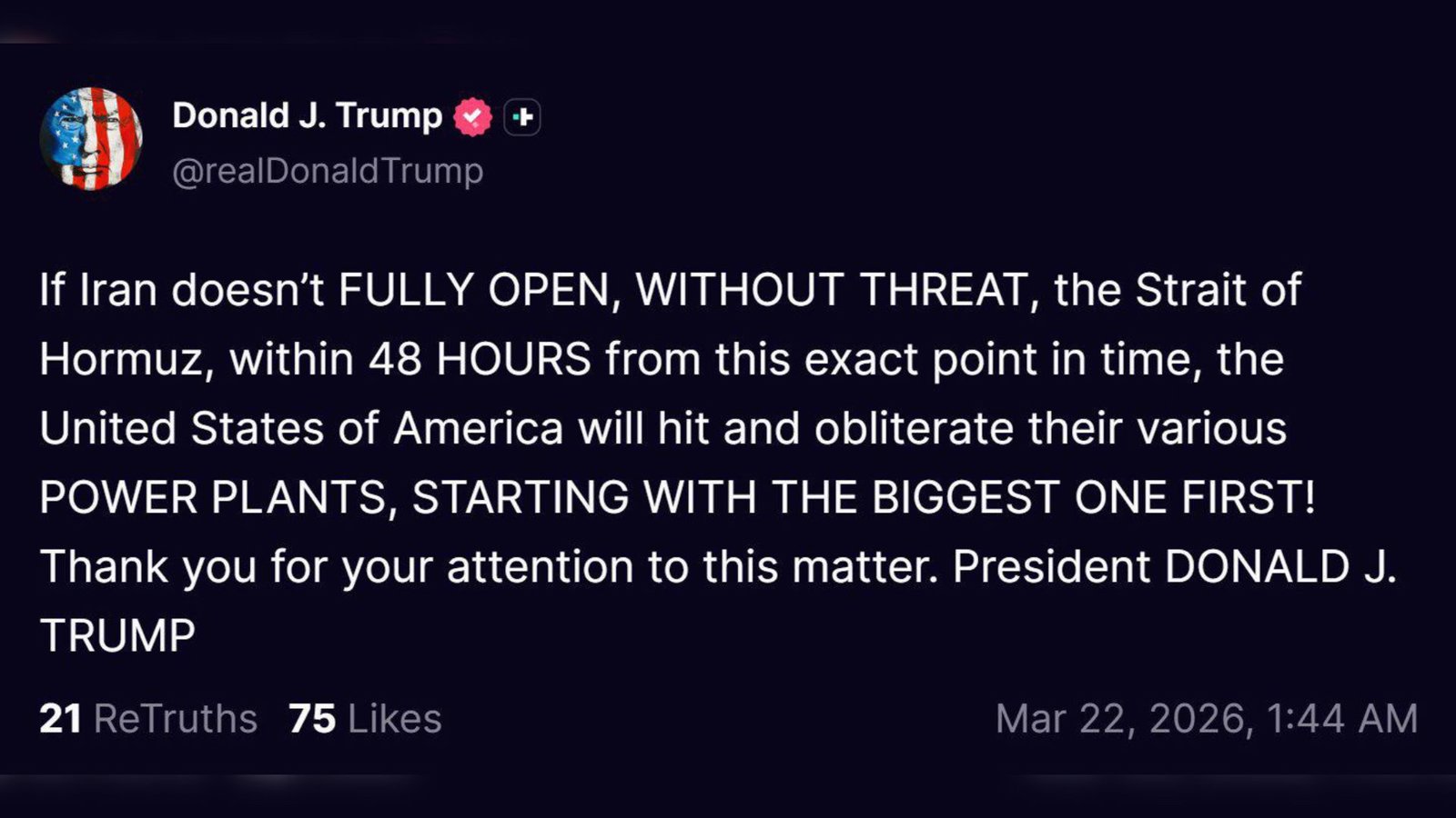  دونالد ترامپ: به ایران ۴۸ ساعت مهلت داد تا تنگه هرمز را باز کند        