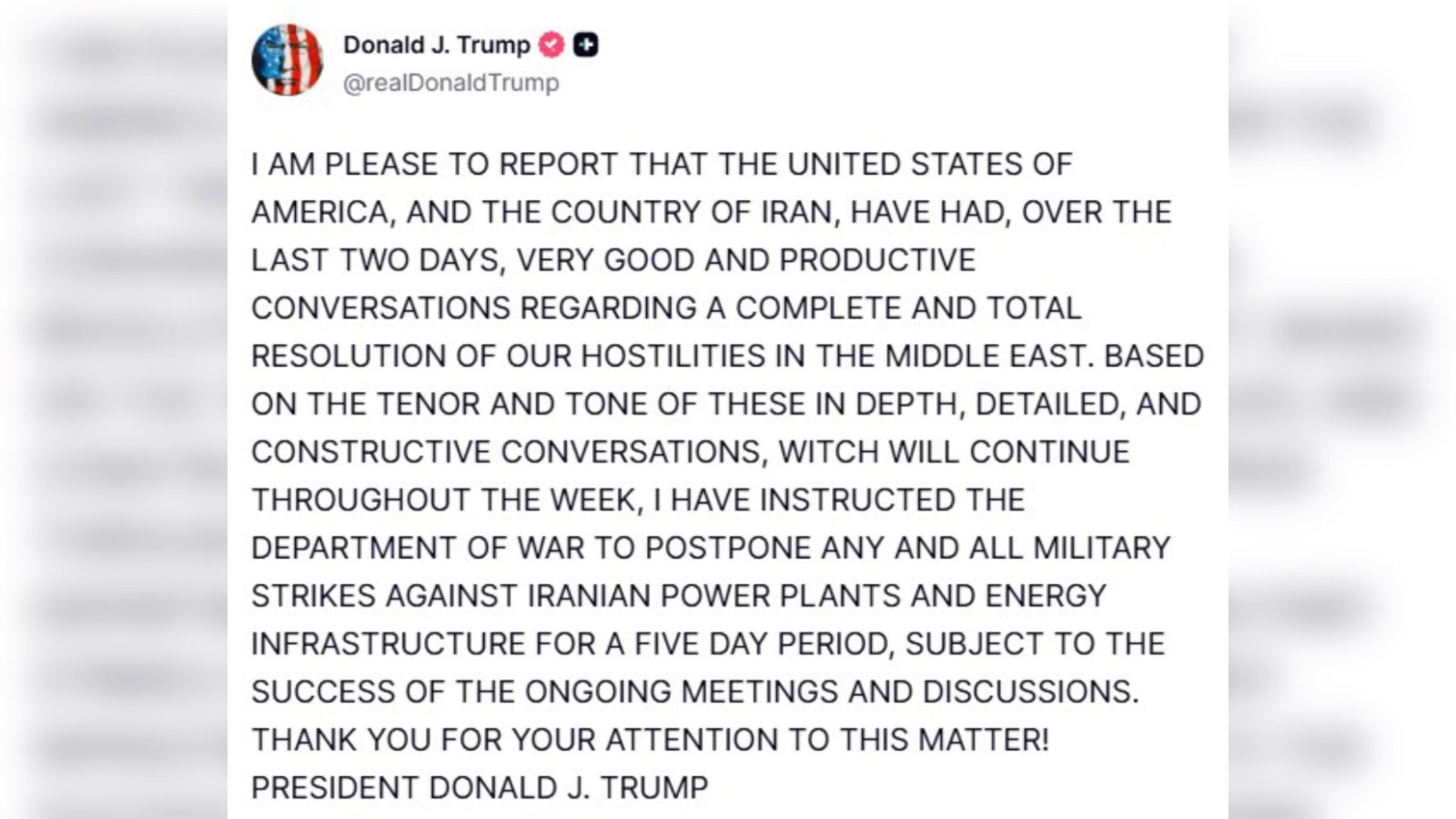  دونالد ترامپ: حملات به نیروگاه‌ها و زیرساخت انرژی ایران برای پنج روز به تعویق افتاد     