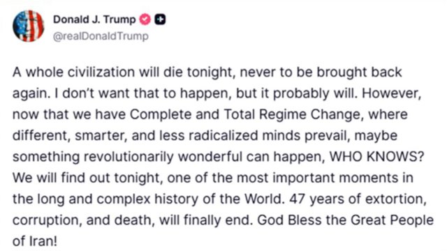  ترامپ از «تغییر رژیم تمام‌عیار» در ایران خبر داد؛ «یک تمدن امشب خواهد مرد»   