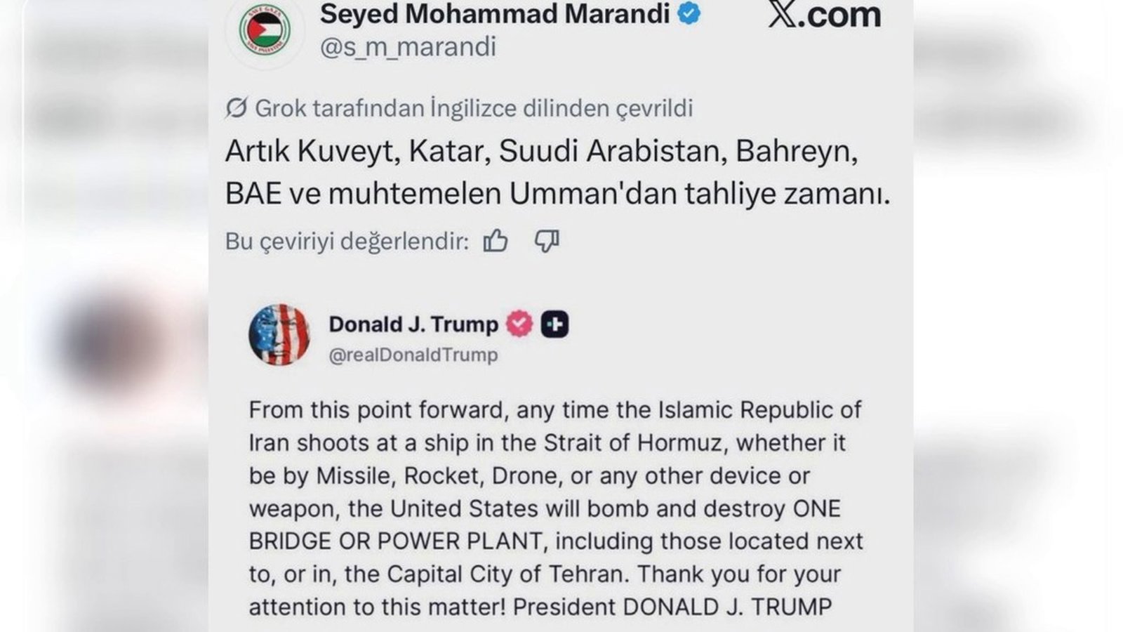 Mərandinin Trampın təhdidlərinə cavabı: Küveyt, Qətər, Səudiyyə Ərəbistanı, Bəhreyn və BƏƏ-ni boşaltmağın vaxtı çatıb