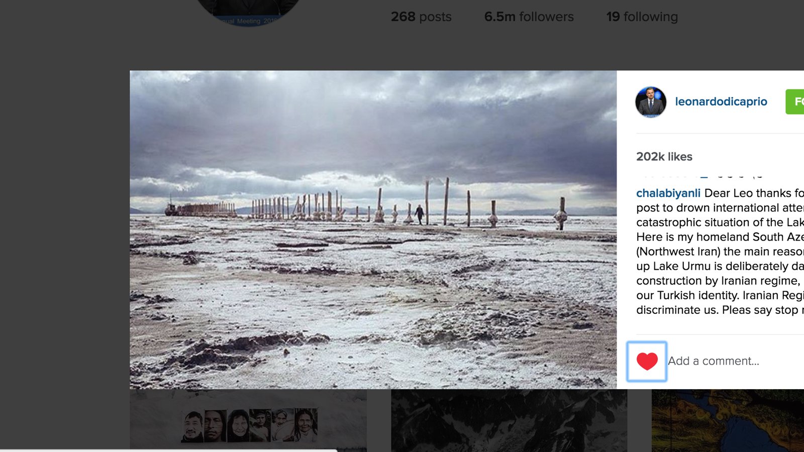 دریاچه اورمیه در اینستگرام  ''لئوناردو  دی کاپریو''