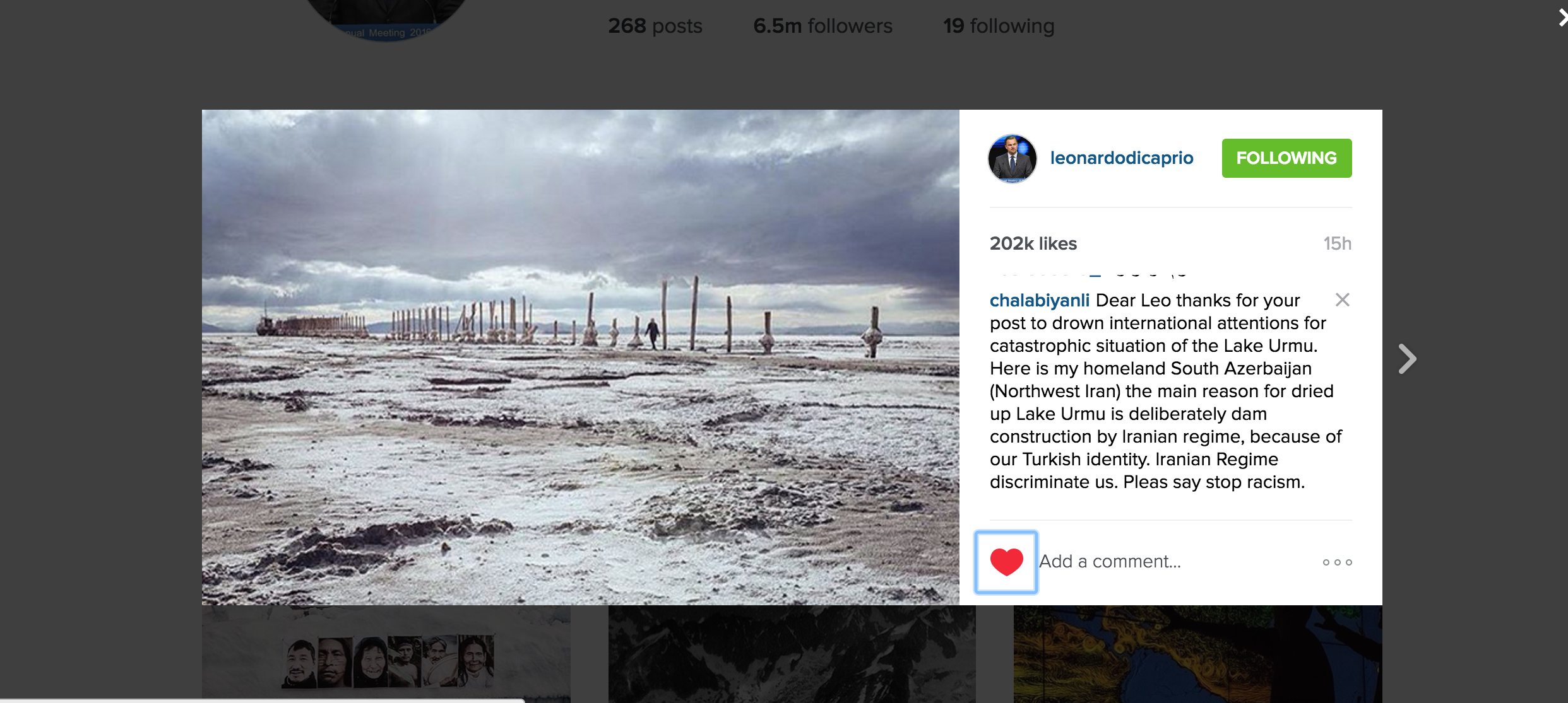 دریاچه اورمیه در اینستگرام  ”لئوناردو  دی کاپریو”